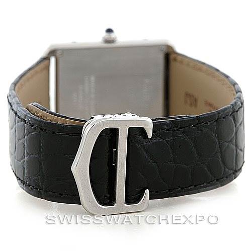 The image shows the back view of the Cartier Tank Solo W1018355 Men
s Stainless Steel Silver Dial W1018355 Men
s Stainless Steel Silver Dial watch, prominently featuring the clasp and leather strap.
