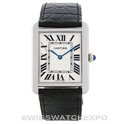 The image shows a front view of a Cartier Tank Solo W1018355 Men
s Stainless Steel Silver Dial W1018355 Men
s Stainless Steel Silver Dial watch, displaying the dial, case, crown, and part of the strap.
