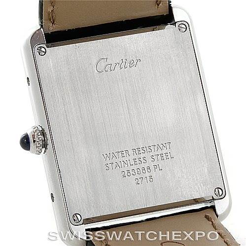 The image shows the back case of a Cartier Tank Solo W1018355 Men
s Stainless Steel Silver Dial W1018355 Men
s Stainless Steel Silver Dial watch, highlighting the water resistance and stainless steel details.