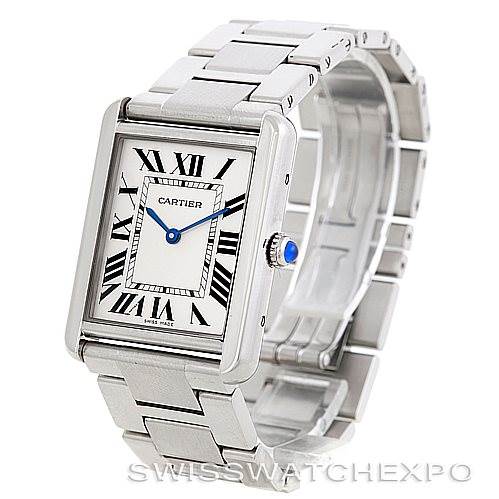 The Cartier Tank Solo W5200014 Men
s Stainless Steel Silver Dial W5200014 Men
s Stainless Steel Silver Dial watch is shown at an angled view, capturing the face, bracelet, and crown with its signature blue cabochon.