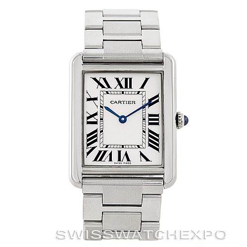 This image shows a frontal view of the Cartier Tank Solo W5200014 Men
s Stainless Steel Silver Dial W5200014 Men
s Stainless Steel Silver Dial watch, highlighting the watch face, Roman numerals, and metal bracelet.