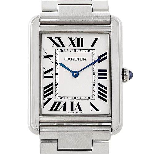 The image shows a front view of the Cartier Tank Solo W5200014 Men
s Stainless Steel Silver Dial W5200014 Men
s Stainless Steel Silver Dial watch, featuring its dial, Roman numerals, and metal bracelet.