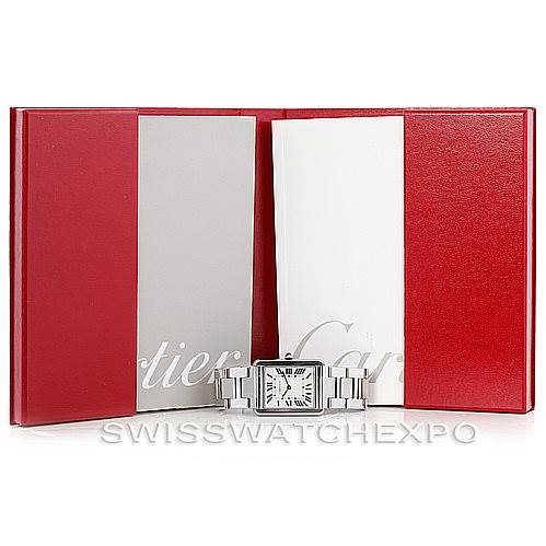 The image shows a Cartier Tank Solo W5200014 Men
s Stainless Steel Silver Dial W5200014 Men
s Stainless Steel Silver Dial watch displayed in front of its red and white packaging.