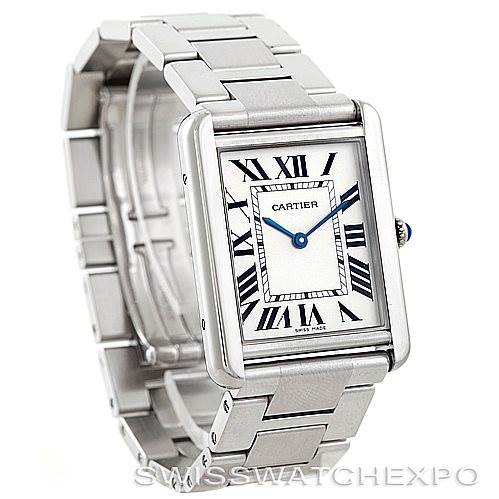The image shows a Cartier Tank Solo W5200014 Men
s Stainless Steel Silver Dial W5200014 Men
s Stainless Steel Silver Dial watch from an angled front view, displaying its face and bracelet.