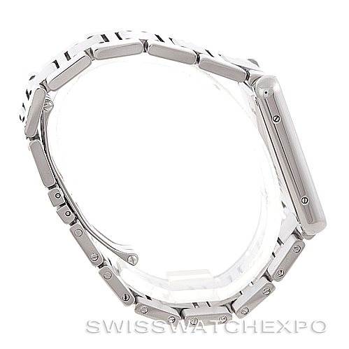 The image shows a side profile of the Cartier Tank Solo W5200014 Men
s Stainless Steel Silver Dial W5200014 Men
s Stainless Steel Silver Dial watch, focusing on the case and bracelet.