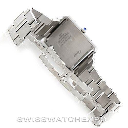 The image shows the back and clasp of the Cartier Tank Solo W5200014 Men
s Stainless Steel Silver Dial W5200014 Men
s Stainless Steel Silver Dial watch, with a focus on the metal bracelet and deployment buckle.