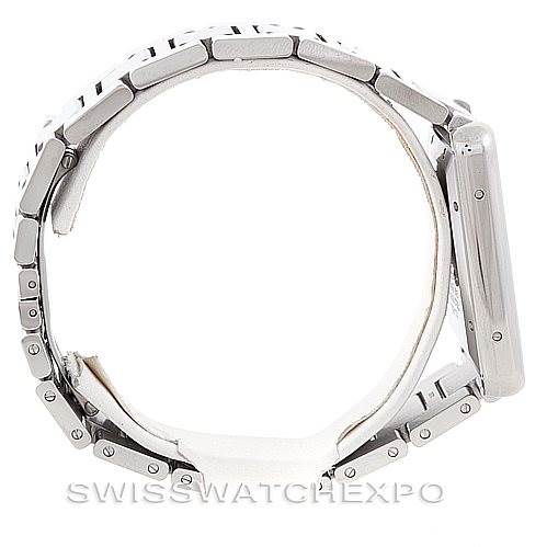 The image shows a side view of the Cartier Tank Solo W5200028 Men
s Stainless Steel Silver Dial W5200028 Men
s Stainless Steel Silver Dial watch, highlighting the case, crown, and bracelet links.