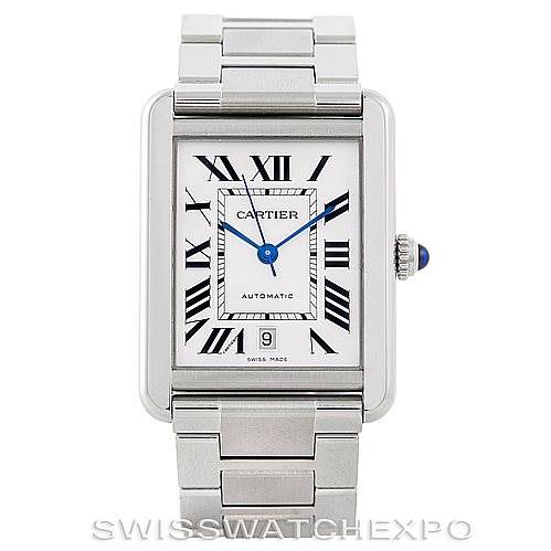 This image shows a front view of the Cartier Tank Solo W5200028 Men
s Stainless Steel Silver Dial W5200028 Men
s Stainless Steel Silver Dial watch, displaying its dial, Roman numerals, and stainless steel bracelet.