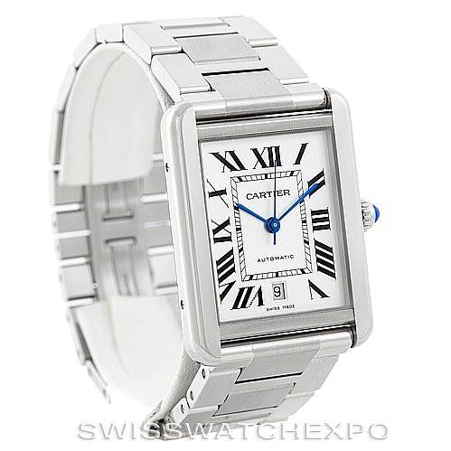 The image shows a Cartier Tank Solo W5200028 Men
s Stainless Steel Silver Dial W5200028 Men
s Stainless Steel Silver Dial watch from a front angle, highlighting its rectangular face, Roman numeral markers, and stainless steel bracelet.