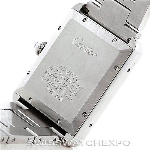 The image shows the back case of a Cartier Tank Solo W5200028 Men
s Stainless Steel Silver Dial W5200028 Men
s Stainless Steel Silver Dial watch, highlighting engraving details and the stainless steel bracelet.