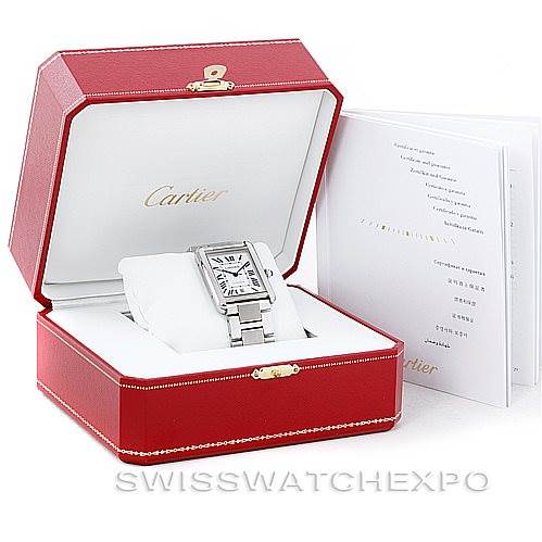 The Cartier Tank Solo W5200028 Men
s Stainless Steel Silver Dial W5200028 Men
s Stainless Steel Silver Dial model watch is shown angled slightly from above, displayed in an open red box with a booklet beside it.