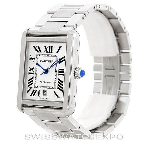 The Cartier Tank Solo W5200028 Men
s Stainless Steel Silver Dial W5200028 Men
s Stainless Steel Silver Dial watch is shown at a three-quarter angle, highlighting its face, crown, and metal bracelet.