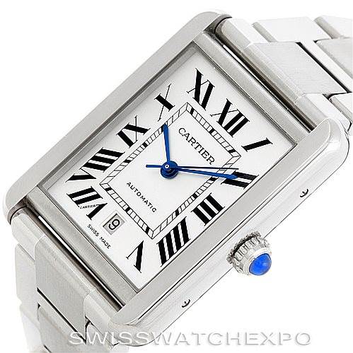 This image shows a close-up angle of the Tank Solo model by Cartier, highlighting the dial, crown, and part of the metal bracelet.