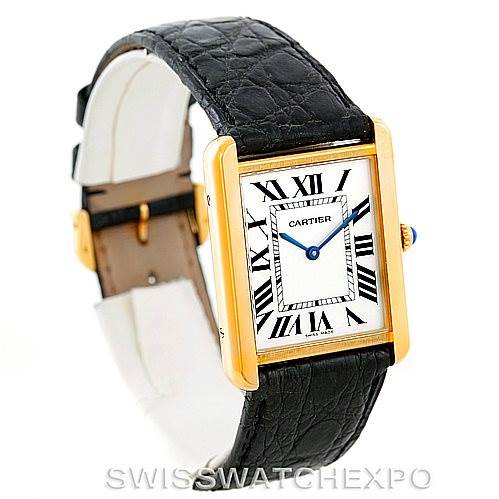 The image shows a Cartier Tank Solo W1018855 Men's Steel and Gold (two tone) Silver Dial W1018855 Men's Steel and Gold (two tone) Silver Dial watch angled to display the face, strap, and side profile, highlighting the Roman numerals and blue hands.