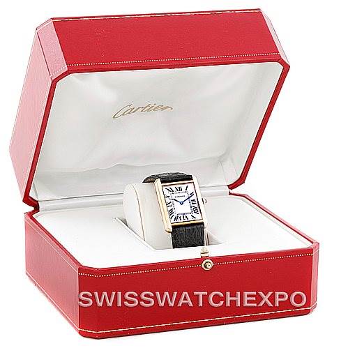 The Cartier Tank Solo W1018855 Men's Steel and Gold (two tone) Silver Dial W1018855 Men's Steel and Gold (two tone) Silver Dial watch is shown at an angle inside its red box.