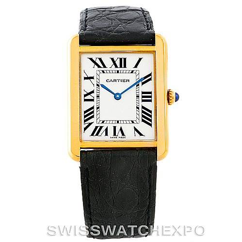 This image shows a front view of the Cartier Tank Solo W1018855 Men's Steel and Gold (two tone) Silver Dial W1018855 Men's Steel and Gold (two tone) Silver Dial watch, highlighting the face, roman numerals, and leather strap.