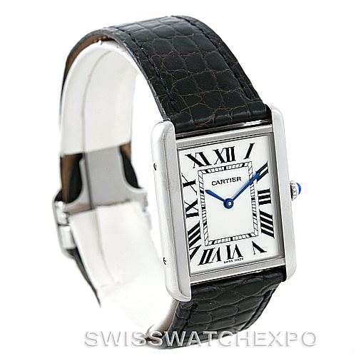 This image shows a Cartier Tank Solo W1018355 Men's Stainless Steel Silver Dial W1018355 Men's Stainless Steel Silver Dial watch from an angled front view, displaying the face, bezel, and leather strap.