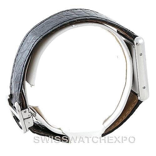 The image shows a side view of the Cartier Tank Solo W1018355 Men's Stainless Steel Silver Dial W1018355 Men's Stainless Steel Silver Dial watch, focusing on the leather strap and case side.