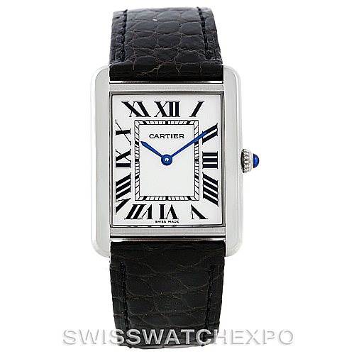 The image shows a Cartier Tank Solo W1018355 Men's Stainless Steel Silver Dial W1018355 Men's Stainless Steel Silver Dial watch, showcasing its face, Roman numerals, blue hands, and black leather strap from a front angle.