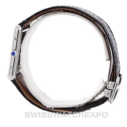 The image shows a Cartier Tank Solo W1018355 Men's Stainless Steel Silver Dial W1018355 Men's Stainless Steel Silver Dial watch from a side angle, highlighting the crown and leather strap.