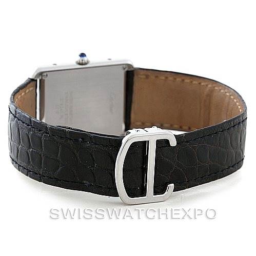 The image shows a back view of the Cartier Tank Solo W1018355 Men's Stainless Steel Silver Dial W1018355 Men's Stainless Steel Silver Dial watch, highlighting its leather strap and clasp.