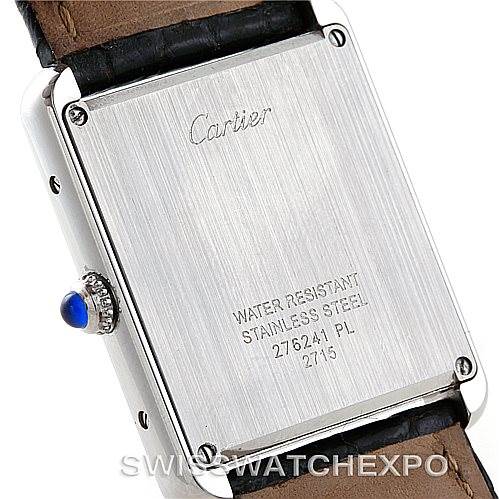 This image shows the back case and crown of a Cartier Tank Solo W1018355 Men's Stainless Steel Silver Dial W1018355 Men's Stainless Steel Silver Dial watch at an angled side view.