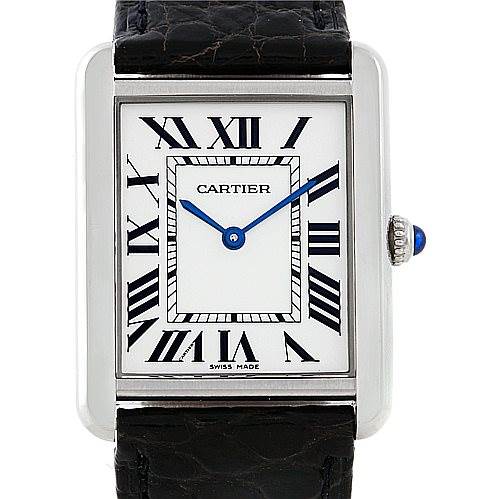 This image shows a front view of the Cartier Tank Solo W1018355 Men's Stainless Steel Silver Dial W1018355 Men's Stainless Steel Silver Dial watch, highlighting the face, black leather strap, and crown with a blue cabochon.