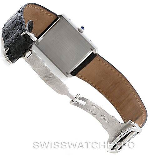This image shows the back and clasp of a Cartier Tank Solo W1018355 Men's Stainless Steel Silver Dial W1018355 Men's Stainless Steel Silver Dial watch at an angle.