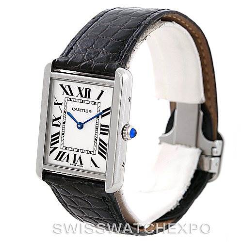 The image shows the Cartier Tank Solo W1018355 Men's Stainless Steel Silver Dial W1018355 Men's Stainless Steel Silver Dial watch at a 3/4 angle, displaying the dial, crown, and leather strap.