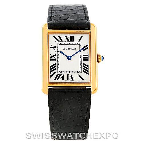 This image shows a front view of the Cartier Tank Solo W1018855 Men's Steel and Gold (two tone) Silver Dial W1018855 Men's Steel and Gold (two tone) Silver Dial watch, highlighting its rectangular gold case, Roman numeral dial, and leather strap.