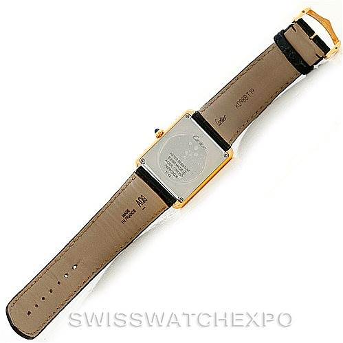 The image shows the back of a Cartier Tank Solo W1018855 Men's Steel and Gold (two tone) Silver Dial W1018855 Men's Steel and Gold (two tone) Silver Dial watch with the strap fully extended.