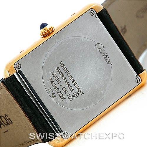 This image shows the back of a Cartier Tank Solo W1018855 Men's Steel and Gold (two tone) Silver Dial W1018855 Men's Steel and Gold (two tone) Silver Dial watch, highlighting its case back details.