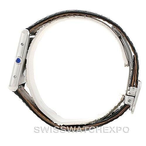 The image shows a side view of a Cartier Tank Solo W1018355 Men
s Stainless Steel Silver Dial W1018355 Men
s Stainless Steel Silver Dial watch, focusing on the side profile and leather strap.