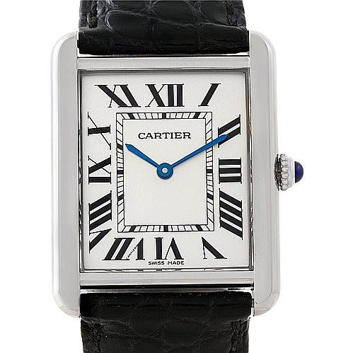 The image shows a front view of the Cartier Tank Solo W1018355 Men
s Stainless Steel Silver Dial W1018355 Men
s Stainless Steel Silver Dial watch, displaying the face, Roman numerals, and part of the black leather strap.