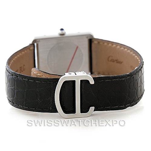 This image displays the backside and clasp of a Tank Solo by Cartier with a focus on the strap and buckle.