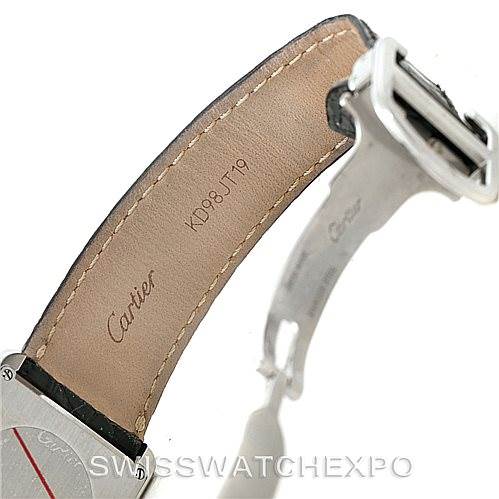 The image shows the buckle and inside leather strap of a Cartier Tank Solo W1018355 Men
s Stainless Steel Silver Dial W1018355 Men
s Stainless Steel Silver Dial watch at an angle.