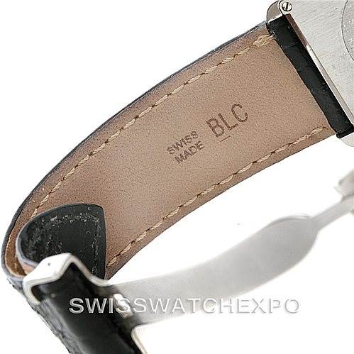 This image shows a close-up of the leather strap and part of the clasp of a Cartier Tank Solo W1018355 Men
s Stainless Steel Silver Dial W1018355 Men
s Stainless Steel Silver Dial watch.