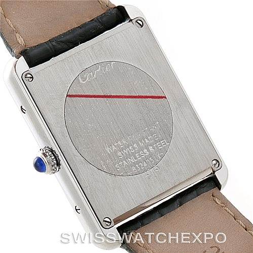 This image shows the back case and part of the leather strap of the Cartier Tank Solo W1018355 Men
s Stainless Steel Silver Dial W1018355 Men
s Stainless Steel Silver Dial watch.