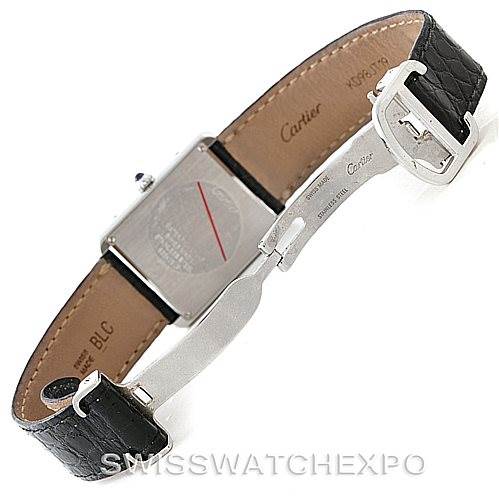 This image shows the back and clasp of a Cartier Tank Solo W1018355 Men
s Stainless Steel Silver Dial W1018355 Men
s Stainless Steel Silver Dial watch, highlighting the leather strap and engravings.