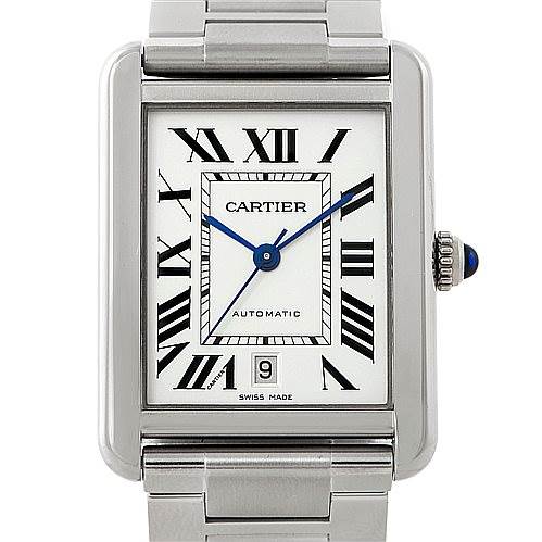 This image shows a front view of a Cartier Tank Solo W5200028 Men
s Stainless Steel Silver Dial W5200028 Men
s Stainless Steel Silver Dial watch, highlighting its dial, roman numerals, blue hands, crown, and metal bracelet.