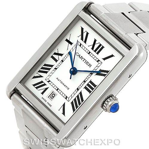 This image shows a close-up angled view of the Cartier Tank Solo W5200028 Men
s Stainless Steel Silver Dial W5200028 Men
s Stainless Steel Silver Dial watch, highlighting its dial, blue hands, Roman numerals, and steel bracelet.