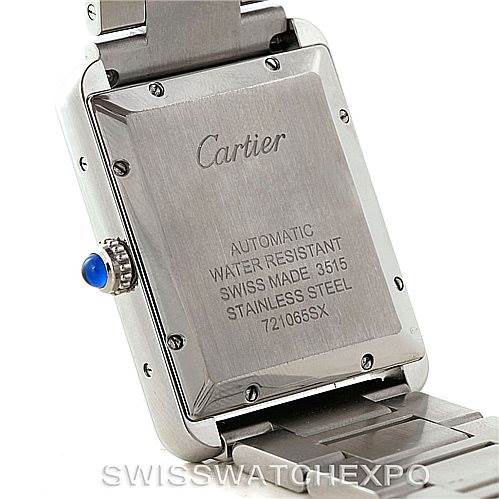 The image shows the back case and part of the bracelet of a Cartier Tank Solo W5200028 Men
s Stainless Steel Silver Dial W5200028 Men
s Stainless Steel Silver Dial watch, highlighting the engraved details and crown.