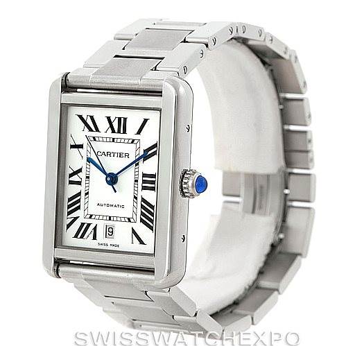 This image shows a Cartier Tank Solo W5200028 Men
s Stainless Steel Silver Dial W5200028 Men
s Stainless Steel Silver Dial watch at a slight angle, highlighting its rectangular face, Roman numerals, blue hands, and metal bracelet.