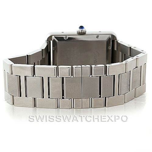The image shows the back of a Cartier Tank Solo W5200028 Men
s Stainless Steel Silver Dial W5200028 Men
s Stainless Steel Silver Dial watch, focusing on the stainless steel bracelet and case back.