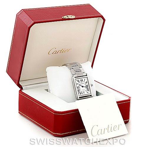 The Cartier Tank Solo W5200028 Men
s Stainless Steel Silver Dial W5200028 Men
s Stainless Steel Silver Dial watch is displayed in an open red Cartier box, showing the face and bracelet.