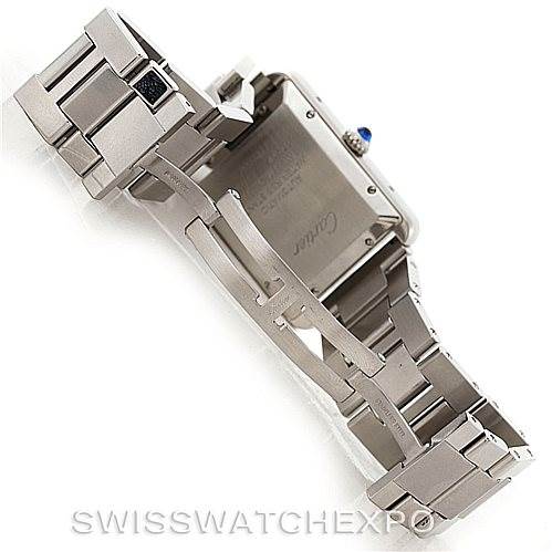 This image shows the underside of a Cartier Tank Solo W5200028 Men
s Stainless Steel Silver Dial W5200028 Men
s Stainless Steel Silver Dial watch, focusing on the metal bracelet and clasp.