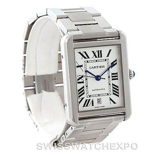 The Cartier Tank Solo W5200028 Men
s Stainless Steel Silver Dial W5200028 Men
s Stainless Steel Silver Dial watch is shown at a three-quarter angle, highlighting the rectangular face, bracelet, and dial details.