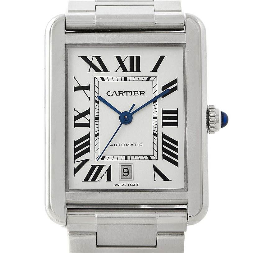 This image shows a front view of the Cartier Tank Solo W5200028 Men
s Stainless Steel Silver Dial W5200028 Men
s Stainless Steel Silver Dial watch face and a portion of its bracelet.