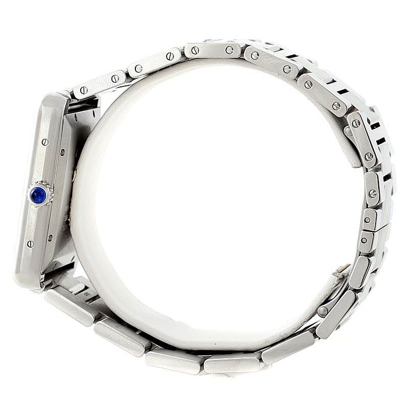 The image shows a side angle of the Cartier Tank Solo W5200028 Men
s Stainless Steel Silver Dial W5200028 Men
s Stainless Steel Silver Dial watch, highlighting its side profile and metal bracelet.