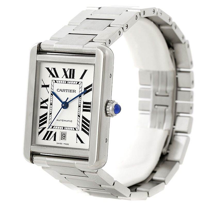 The Cartier Tank Solo W5200028 Men
s Stainless Steel Silver Dial W5200028 Men
s Stainless Steel Silver Dial watch is shown at a slight angle, displaying its face, Roman numerals, blue hands, crown, and metal bracelet.